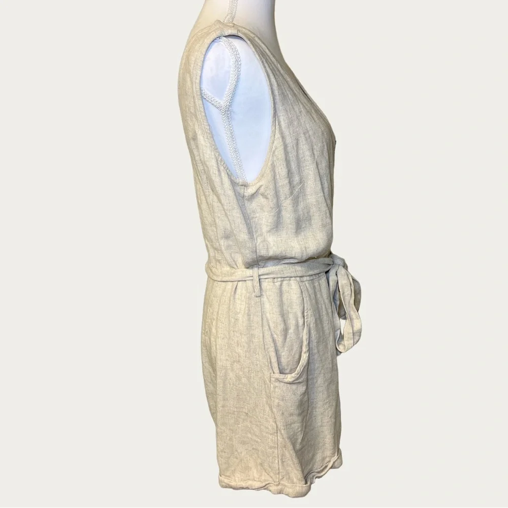 Women’s‎ Beige Linen Sleeveless Romper with Button Accents Tie Waist Size Large - Picture 3 of 14